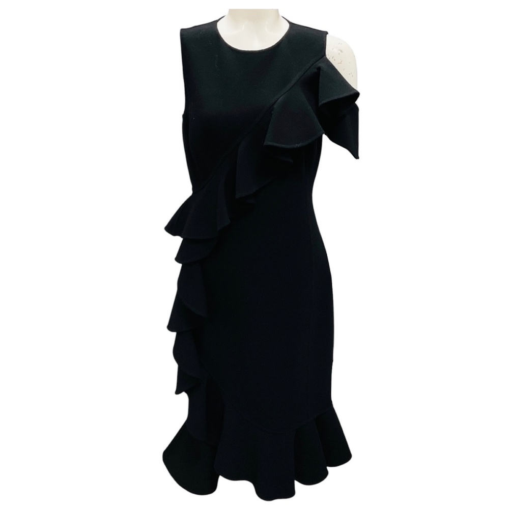 MICHAEL KORS COLLECTION BLACK RUFFLED WOOL COCKTAIL DRESS